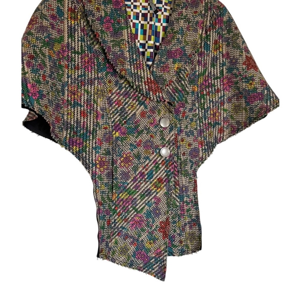 Y2K Multi Color Tweed Collar Cape Jacket Asymmetrical Button Front Lined Large - Picture 5 of 15